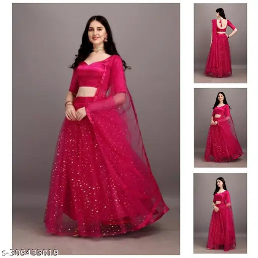 Rani-colored cotton silk semi-stitched lehenga, free size with embellished net dupatta and cross waistbelt, ideal for weddings or formal events