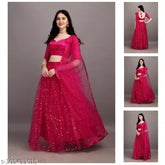 Rani-colored cotton silk semi-stitched lehenga, free size with embellished net dupatta and cross waistbelt, ideal for weddings or formal events