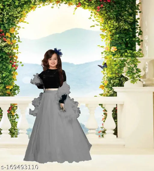 Kids cute velvet lehenga choli with ruffle net dupatta, semi-stitched, 12-13 years (33 in), 1.7 m length