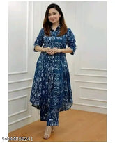 Women's rayon co-ord kurta pant set, printed net, three-quarter sleeves, palazzo bottoms, size S-XXXL