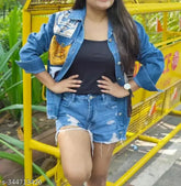 Dark blue denim printed long sleeve casual jacket from Rkk Collection, perfect for women's wardrobe versatility