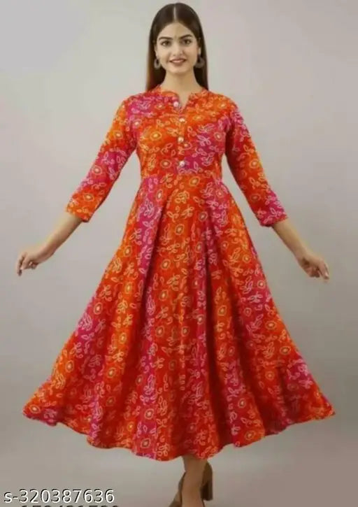 Rayon three-quarter sleeve printed kurti for women, stylish umbrella pattern on a fashionable Indian traditional top