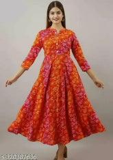 Rayon three-quarter sleeve printed kurti for women, stylish umbrella pattern on a fashionable Indian traditional top