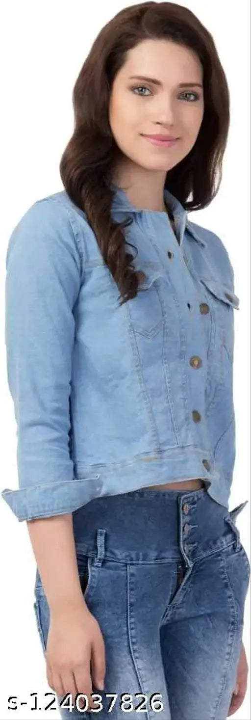 Stylish denim jacket (XS-XXL), solid pattern, three-quarter sleeves, perfect for women's everyday wear and casual parties