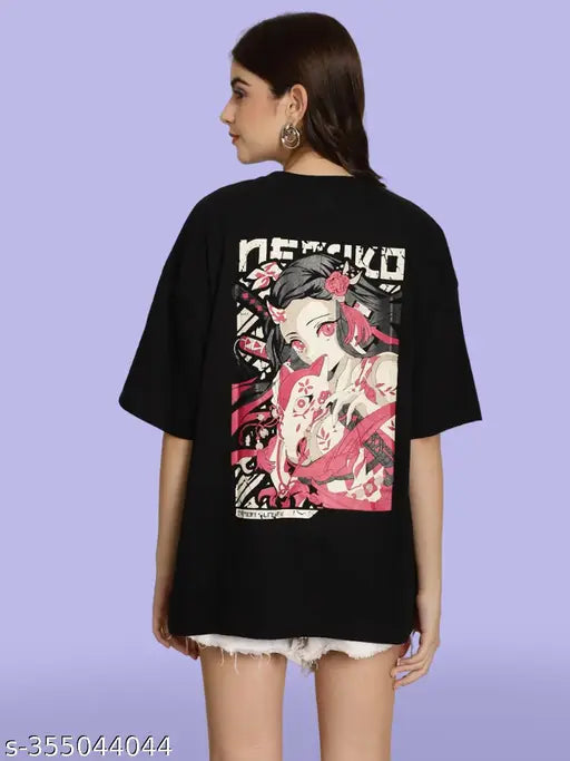 Oversize printed black cotton t-shirt for women, ultra-soft and breathable with loose fit, India origin