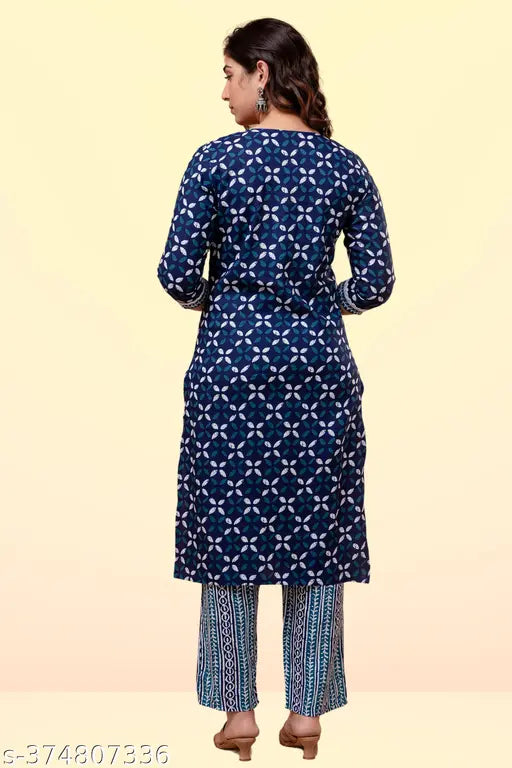 Blue rayon kurti palazzo set for women, printed pattern, versatile straight ensemble, ideal for daily, party, casual, office wear