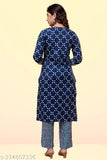 Blue rayon kurti palazzo set for women, printed pattern, versatile straight ensemble, ideal for daily, party, casual, office wear
