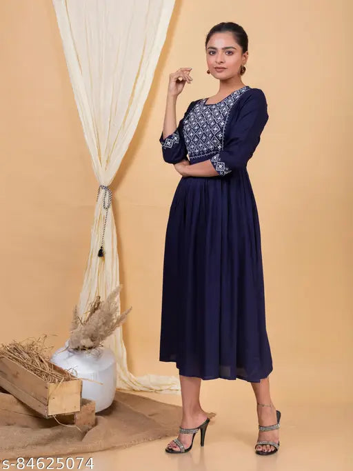 Navy Blue embroidered Anarkali Kurta, pure rayon for casual wear and daily wear by UGMAZ Fashion. Three-quarter sleeves, India origin