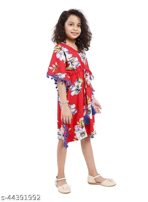Short-sleeved printed rayon kaftan dress for 4-7 years, featuring pom poms and tassels, perfect for summer outings or home wear