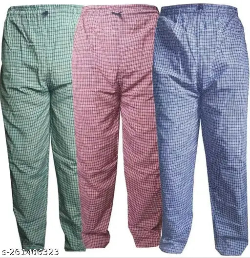 Green/Red/Blue cotton checked pyjama combo pack with elastic and naada, perfect for summer weather in India