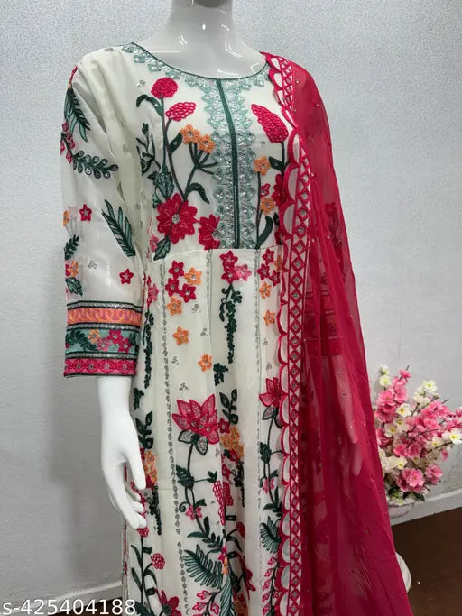 Georgette-silk embroidered Pakistani work suit with dupatta, three-quarter sleeves - Indian party wear fashion" (123 characters)