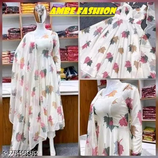 Fashionable georgette gown with printed net, long sleeves in size S-XXL. Indian women's clothing on display