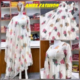 Fashionable georgette gown with printed net, long sleeves in size S-XXL. Indian women's clothing on display