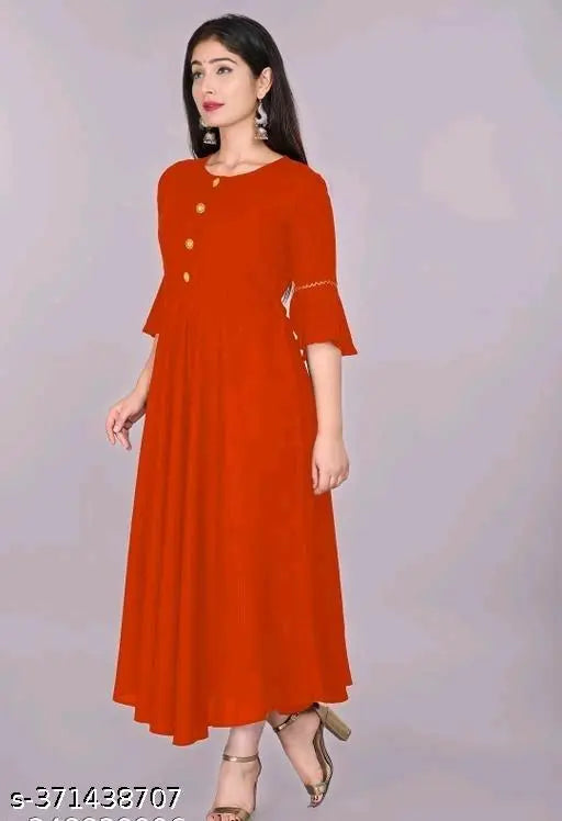 Red rayon straight kurta with three-quarter sleeves, women's designer fashion from India