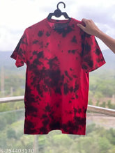 Red tie-dye short sleeve cotton t-shirt, printed pattern on display, hand-tied and dyed Indian brand