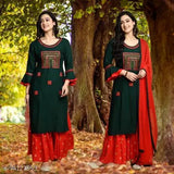 Embroidered Rayon-Cotton Silk Chitrarekha Kurta Set with Sharara Bottomwear, Three-Quarter Sleeves, India