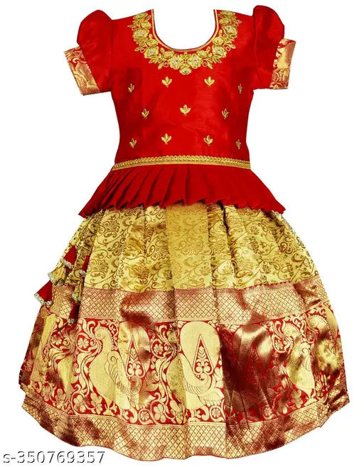 Brand New Girls' Jacquard Silk Pavadai Lehenga Choli, premium quality Indian fashion with zari stitch detailing on dupion silk fabric, 6-5 years sizes