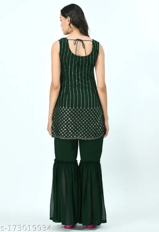 Green embroidered mukaish kurti & sharara set with dupatta, Indian women's fashion featuring sleeveless style and various sizes XS-XXL