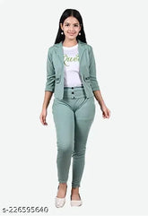 Mint green cotton blend girls' clothing set: T-shirt, three-quarter sleeves jacket, full-length pant for trendy fashion