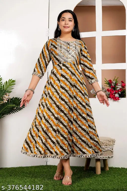 Foil print Lahariya Rayon Anarkali Kurti for Women - India, 3/4 sleeve, round neck, printed design