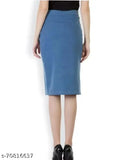 Formal blue denim skirt for women, solid net pencil design, trendy addition to your wardrobe (size 34)