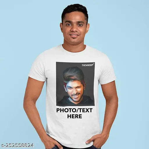 Personalized white half-sleeve photo printed cotton blend T-shirt, perfect gift for birthdays and anniversaries