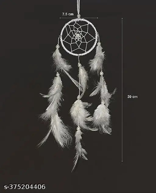 Handmade white dream catcher with threads, feathers, beads for home/office energy balancing (approx 30 cm height)