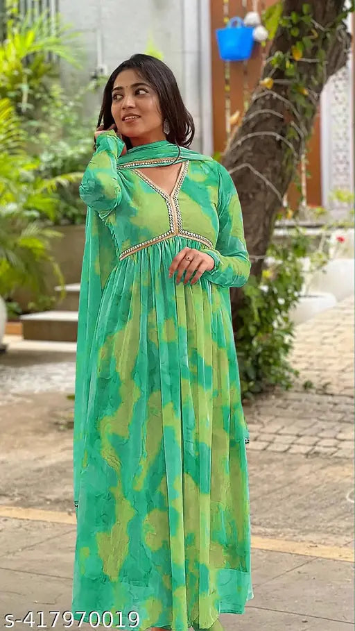 Georgette printed long-sleeve flared V-neck kurta with dupatta, women's party wear gown for functions and daily life