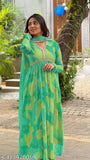 Georgette printed long-sleeve flared V-neck kurta with dupatta, women's party wear gown for functions and daily life