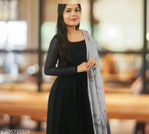 Georgette long-sleeved gown with dupatta, solid pattern, Indian bridal wear for sizes S & M