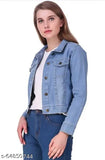 Denim plain blue women's jacket, long sleeves, solid design, versatile, casual wear, India origin