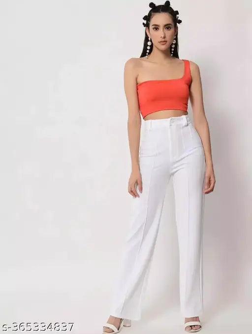 Women's white Lycra trouser pants, regular fit - stylish bottom-wear for casual or office occasions with pockets. Compliment-worthy design from India