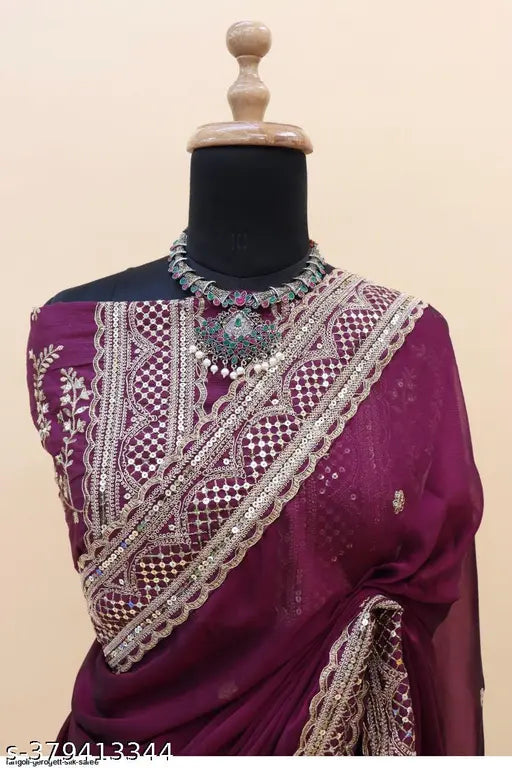 Purple Georgette Bollywood Saree with embellished silk blouse, premium Indian embroidery on display