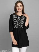 Black embroidered rayon women's tunic top - solid, three-quarter sleeve, 100% breathable rayon. Indian-made fashionable and cool clothing for women
