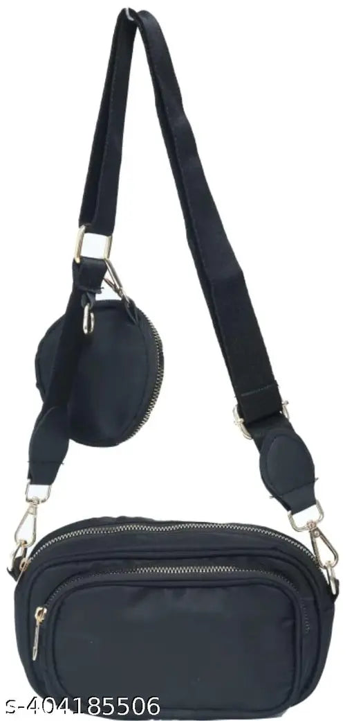 Black canvas and leather women's sling bag with one compartment and one pocket, solid pattern, perfect for travel and organizing makeup items