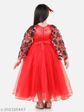Red net embellished party gown dress for kids, full length, long sleeves