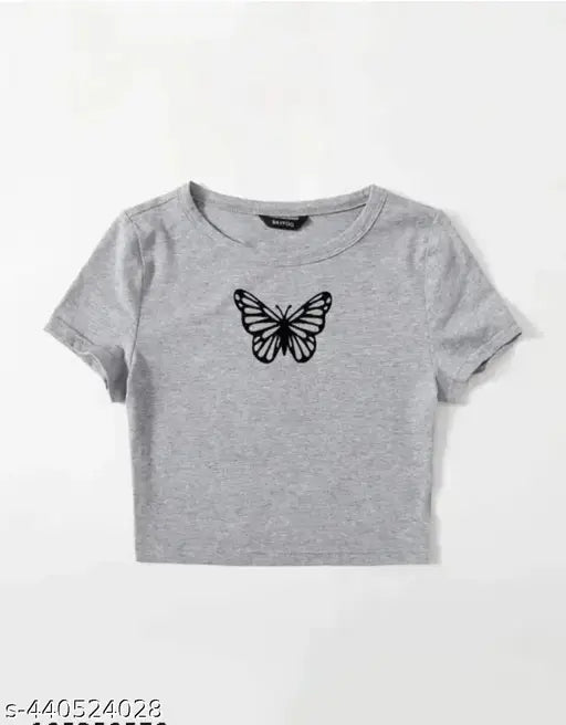 Cotton crop top t-shirts for women, printed design, short sleeves, India origin