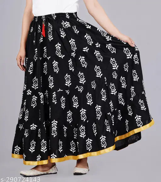 Women's white kadi print butti rayon skirt, size 34 (waist 17in, length 40in), kadi floral print net skirt on model