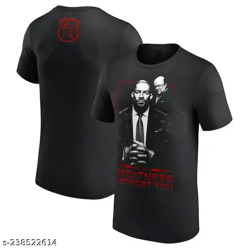 Black cotton WWE Men's Roman Reigns T-shirt featuring tribal design, short sleeves, acknowledging the Tribal Chief in WWE fandom
