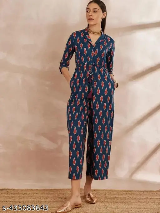 Blue maroon rayon printed jumpsuit, short sleeves, perfect for casual outings and layering, size M-XXL, made in India (Model wearing)
