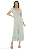 Green polyester women's smocking print jumpsuit with short sleeves, floral design - casual and versatile fashion from India