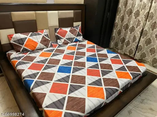 Grey white geometric printed Glace cotton fitted bedsheet, 90x100, 2 pillow covers for summer adult use