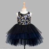 Navy blue net dress for kids party wear, embellished sleeveless design, suitable for ages 1-2 and 9-10 years