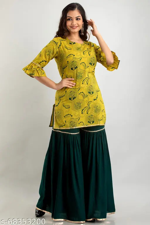 Rayon printed net kurta sharara set with three-quarter sleeves, rayon fabric, available in XS to 5XL sizes