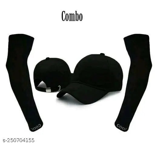 Stylish cotton baseball cap and arm sleeves set, solid color for boys and girls, trending sports accessory pack of 2 from India