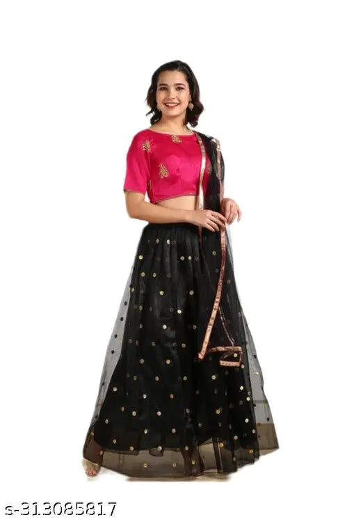 Black and Pink Embroidered Semi-Stitched Net Lehenga, elegant Indian ethnic wear with intricate embroidery for special occasions