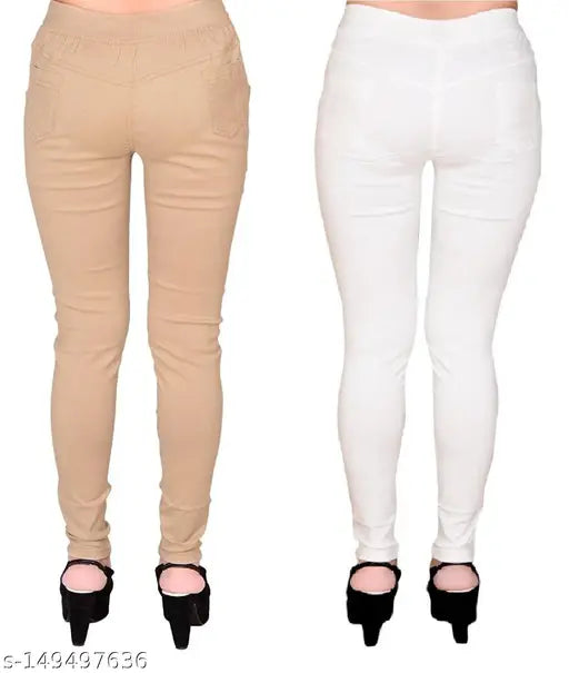 Stretchable Lycra jeggings for women (pack of 2), solid color with pockets. Comfortable Elastane cotton fabric, trendy fashion wear available in multiple sizes (28, 30, 32, 34, 36). Made in India
