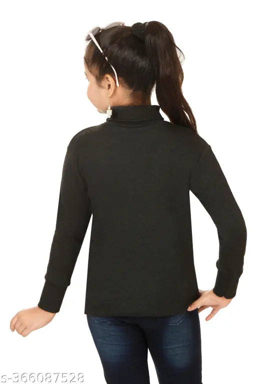 Black cotton blend highneck sweater for girls, solid design perfect for cold climates