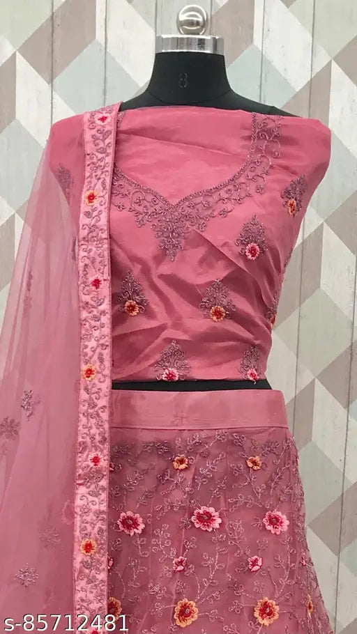 Elegant embroidered net Lehenga Choli with Dupatta - Golden zari work, ideal for special occasions (Indian fashion)