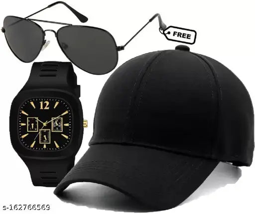 Cotton black baseball cap combo with black square dial silicone strap analog watch & black polarized lens sunglasses for men and boys - accessory set from India
